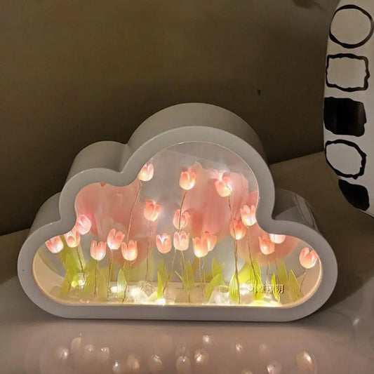 DIY Tulip Night Light Soft Lighting LED Light Battery-Operated Simulation Flower Cloud Tulip Mirror Table Lamp Home Decorations
